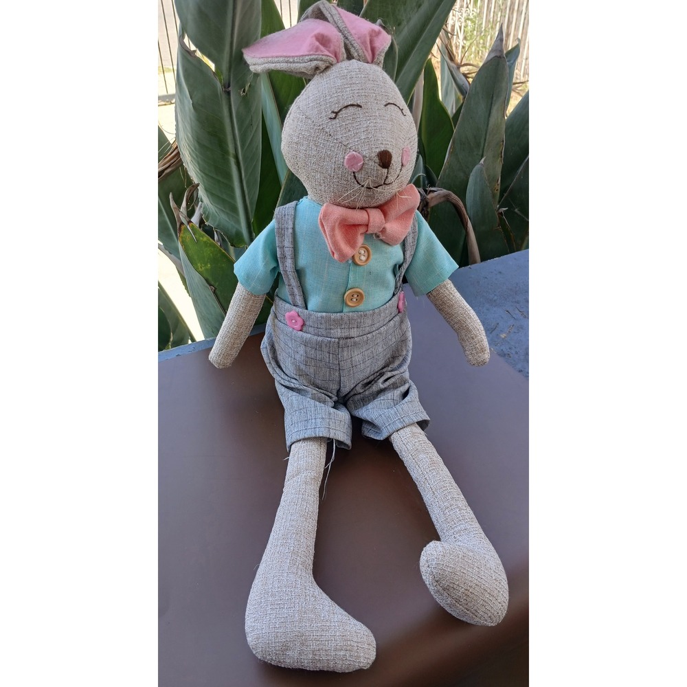 Easter Bunny Fabric Doll Decorative Shelf Sitter Plaid Overalls Bowtie 18 Inch